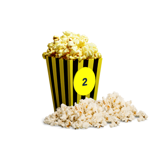 Ein Becher Nr. 2, gefüllt mit Popcorn und Popcorn vor und neben dem Becher.